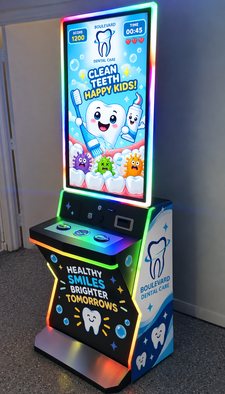Concept rendering of a Boulevard Dental Care branded arcade cabinet